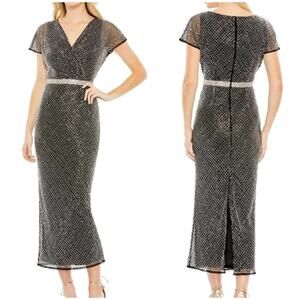 Mac Duggal NWT Fully Beaded Wrap V-Neck Cap Sleeve Midi Dress Black Size 2